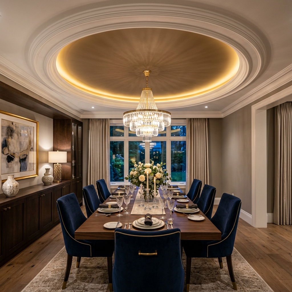 Custom tray ceiling with crown molding and warm accent lighting