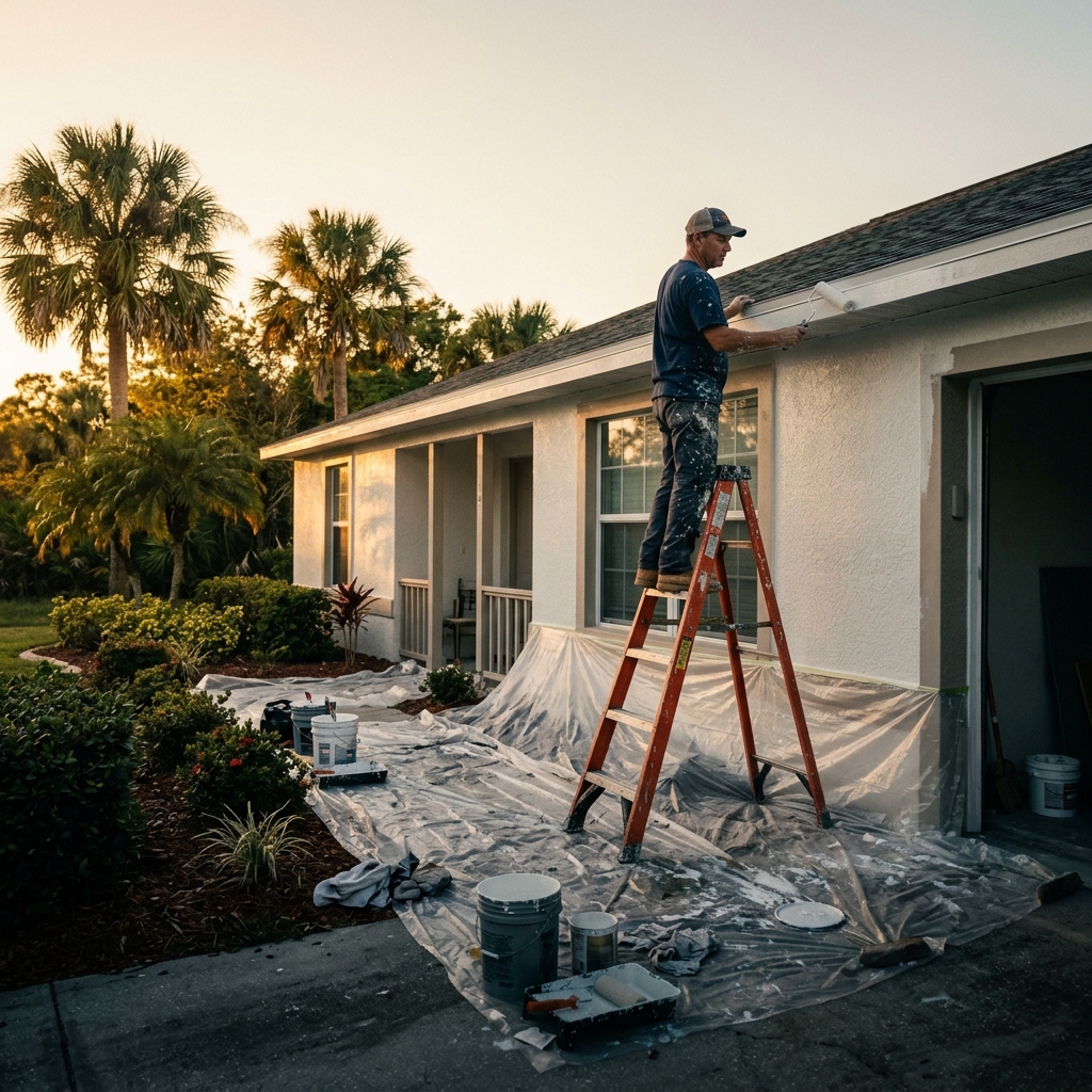 Kelvin Lopez on-site applying elastomeric coating to a Port St. Lucie home exterior
